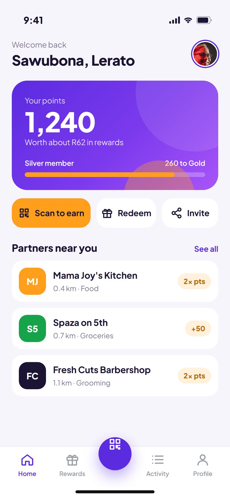 Kasi Rewards app — screen 1 of 2