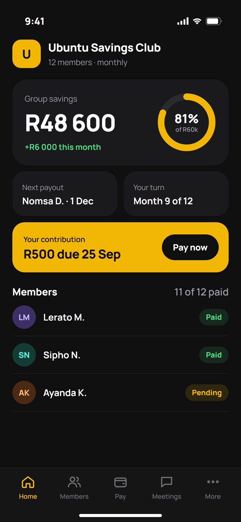 Stokvel Pro app — screen 1 of 2